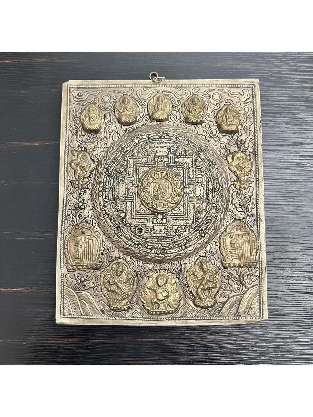 Vintage Tibetan Embossed Mandala Repoussé Metal Wall Plaque Nepal Buddhist